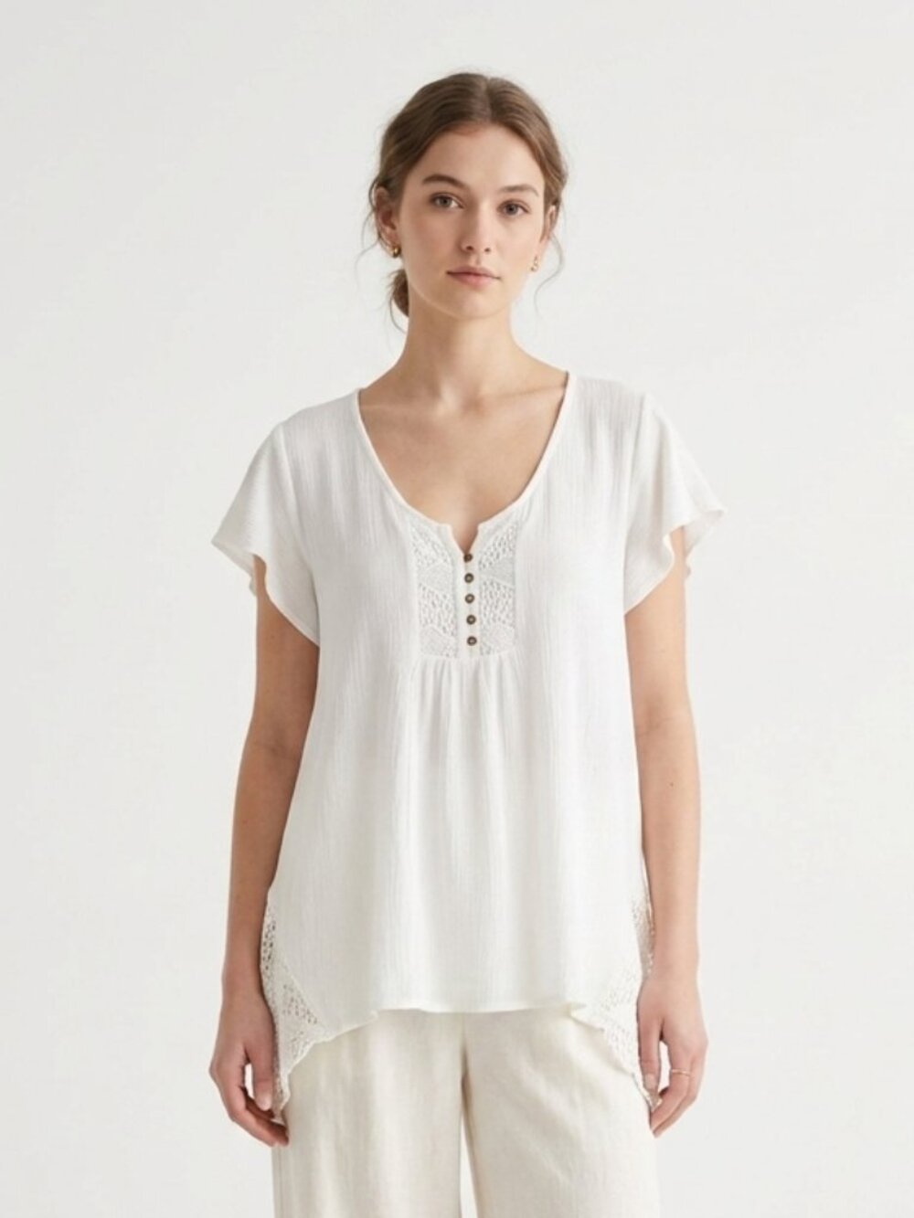 World Unity Blouse White Lace Boho Festival Summer Crinkled 2XL